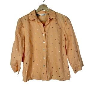 Richard Malcolm Light Orange Polka Dot Embroidered Linen Long Sleeve Button Down